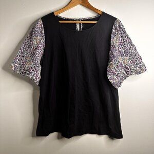 Talbots Shirt Womens 2X Blue Floral Puff Short Sleeve Cotton Lined Boho Top Plus